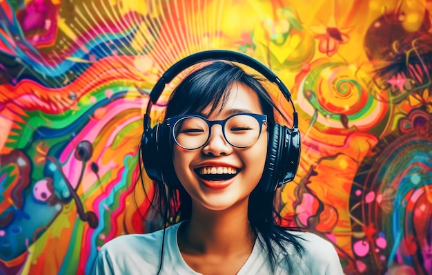 Cheerful asian stylish teen standing over colourful background listening to music with headphones