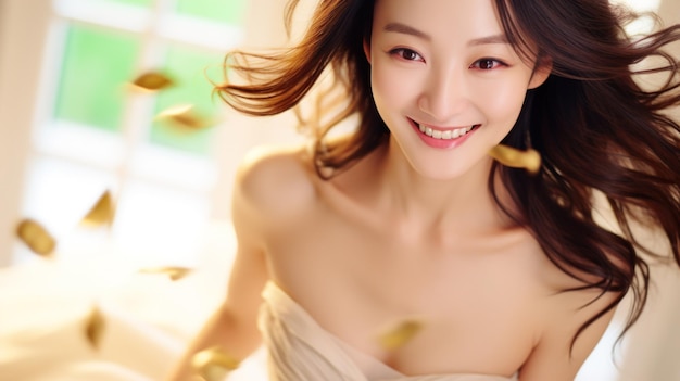 Cheerful Asian woman with flowing hair