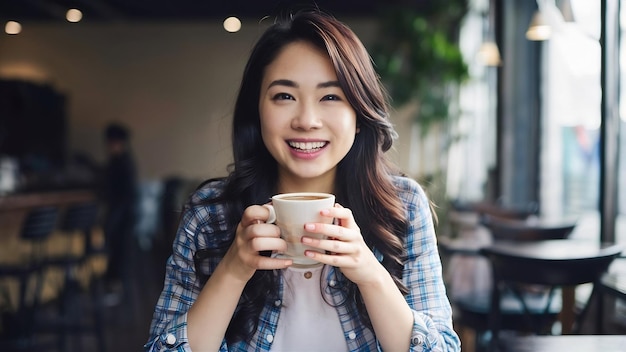 Веселая молодая азиатка пьет теплый кофе или чай, наслаждаясь им, сидя в кафе.