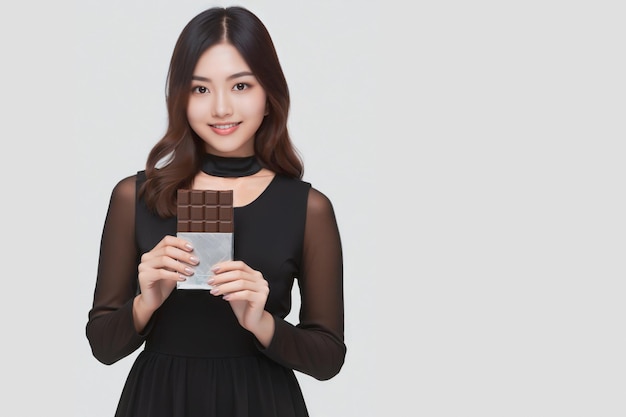 Cheerful asian young woman holding bar of chocolate