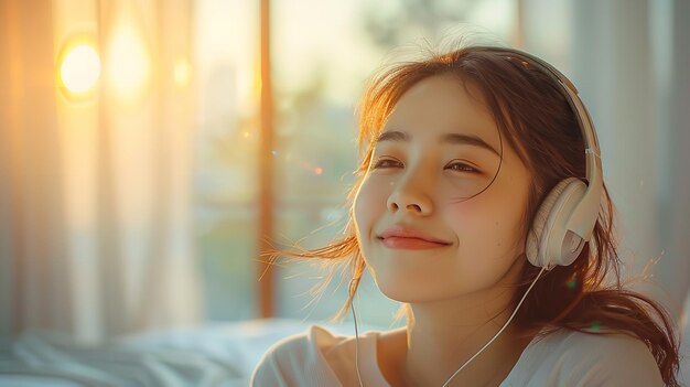 유쾌한 아시아 젊은 여성이 헤드폰으로 음악을 듣고 흐릿한 배경과 텍스트 또는 제품에 대한 큰 공간을 가진 침실에 앉아 있습니다.