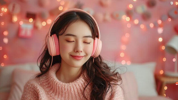 A cheerful Asian young woman listening music in headphone sitting in bedroom with a blurry backdrop and a big space for text or product Generative AI