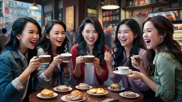 Cheerful asian young women sitting in cafe drinking coffee with friends and talking together