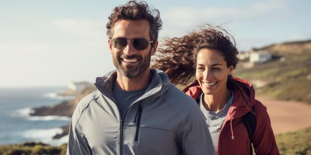 Cheerful athletic senior couple smiling while running in a seashore Generative AI