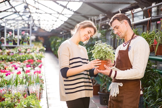 Cheerful attractive young woman with help of handsome man gardener choosing flowers in pot in garden center