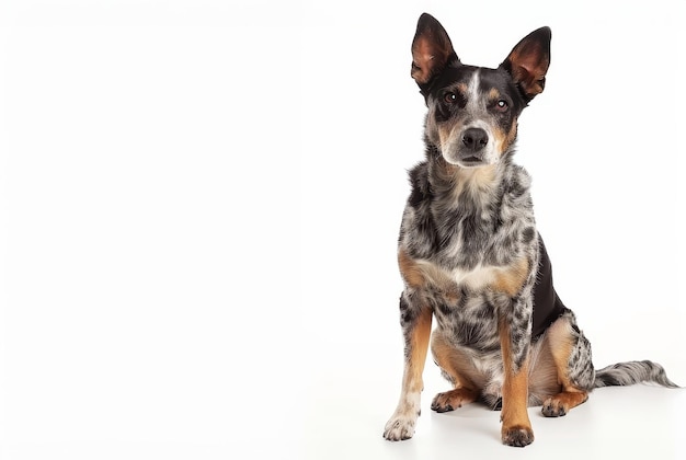 A cheerful Australian Cattle Dog sits attentively against a white background Its alert eyes and perked ears showcase the breeds intelligence and energy