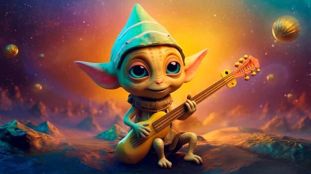 Cheerful baby alien playing a space musical instrument