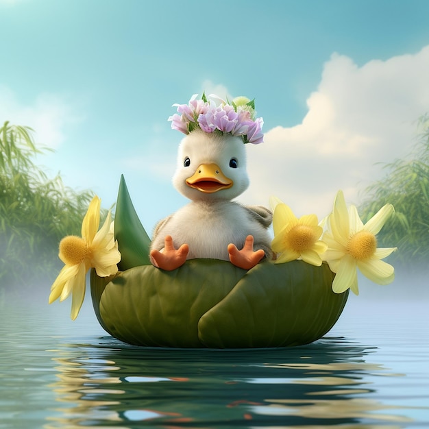 Cheerful baby duckling sitting on lotus leaf Generative AI