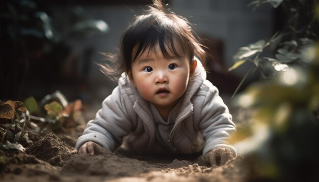인공지능에 의해 생성된 가을 잎으로 둘러싸인 자연 속에서 앉아있는 즐거운 아기 소녀