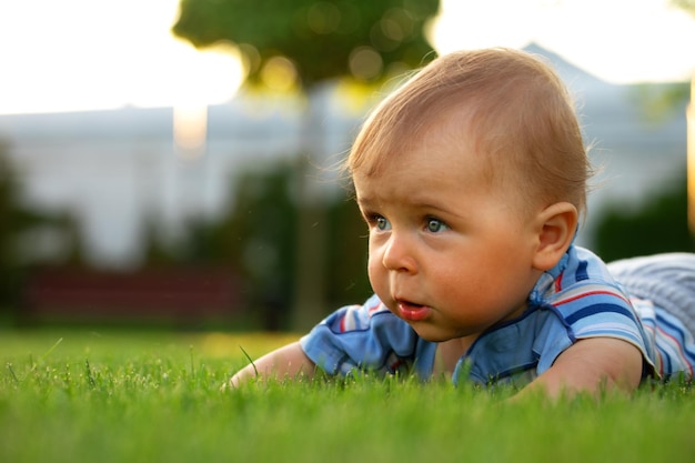 A cheerful baby is sitting on the lawn