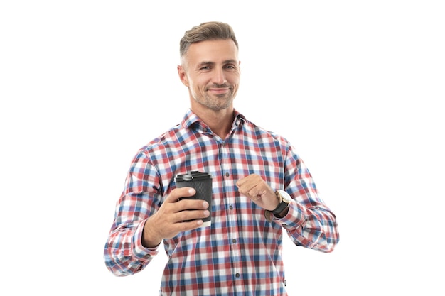 Cheerful barista man with coffee in studio barista man hold coffee wearing checkered shirt