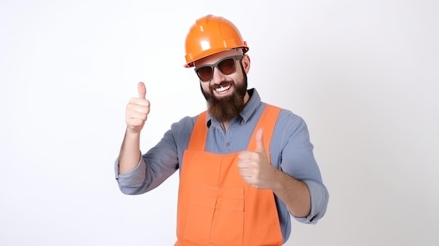 Cheerful bearded engineer man with sunglasses jump over white background and showing thumbs up