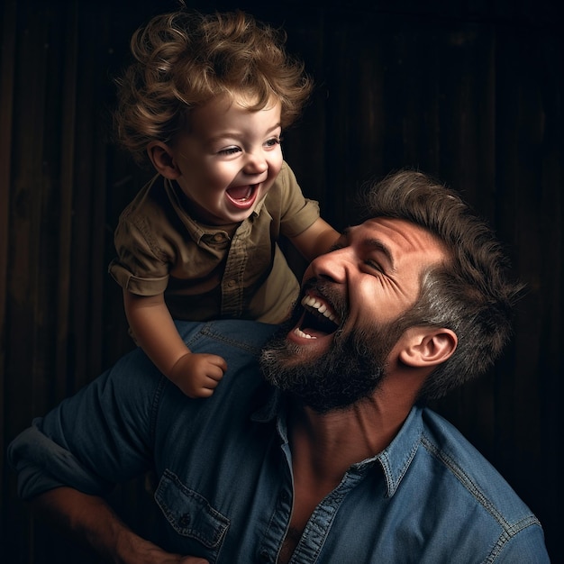 Photo cheerful bearded father having fun with his little son