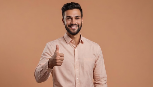 A cheerful bearded man in a peach shirt showing a thumbs up his grin is full of confidence