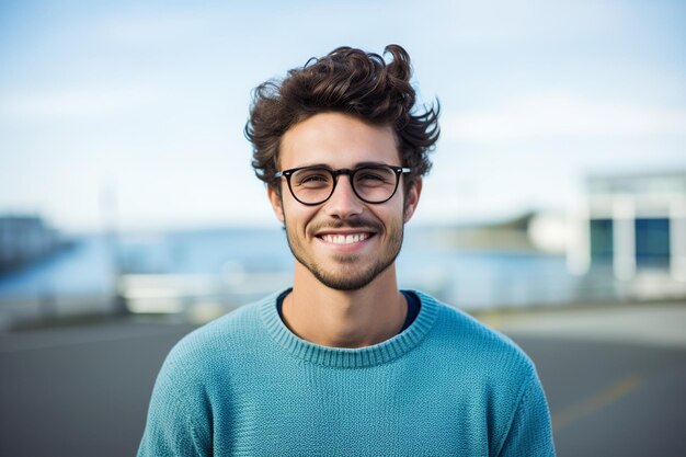 Cheerful Bearded Man Portrait on Blue Background