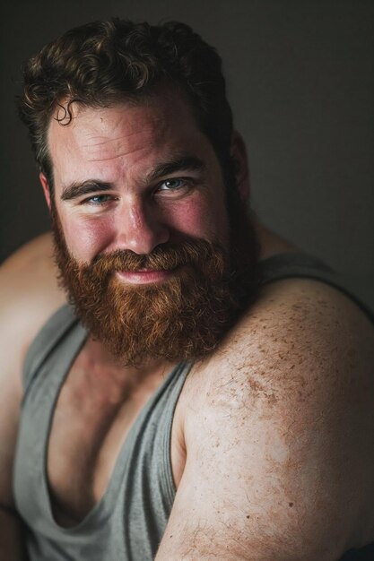 Photo cheerful bearded man in a tank top smiling warmly in an indoor setting