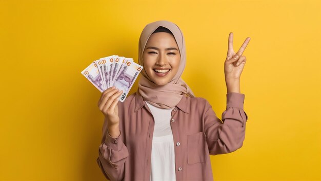 Photo cheerful beautiful asian woman in a casual shirt and hijab showing indonesian rupiah banknotes cel