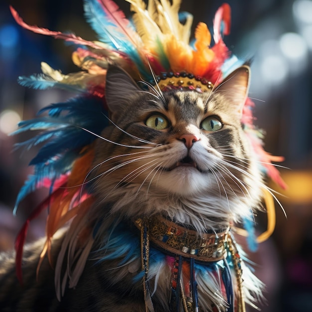 Foto un gatto di razza pura allegro e bellissimo con accessori di piume che partecipa al tradizionale carnevale locale