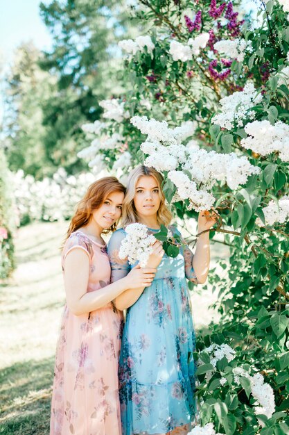 Cheerful beautiful sisters posing in sunny park