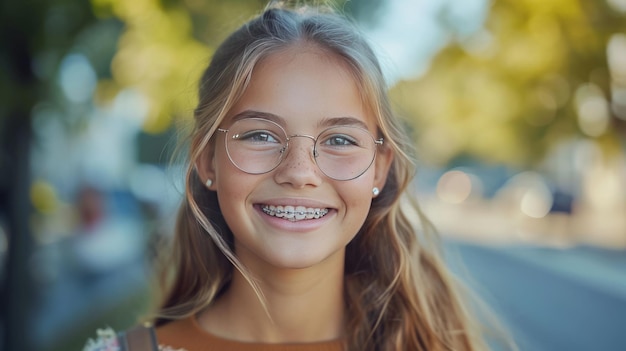 A cheerful beautiful woman with braces on her teeth laughs