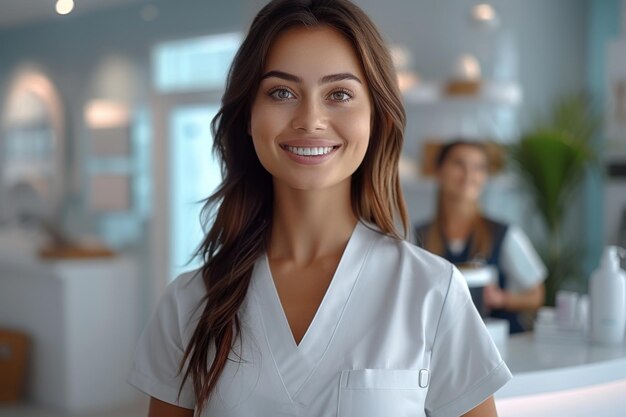 Foto receptionista allegra di una clinica di bellezza con un sorriso radioso in un moderno ufficio bianco