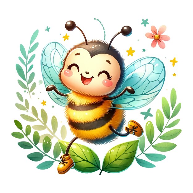 A cheerful bee character surrounded by foliage