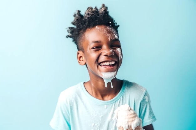 Cheerful black boy with face dirty from ice cream in studio