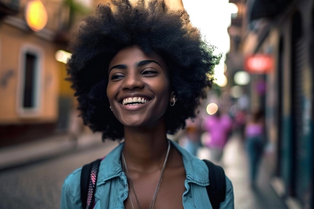 Cheerful black woman on the city background She walks gracefully radiating confidence