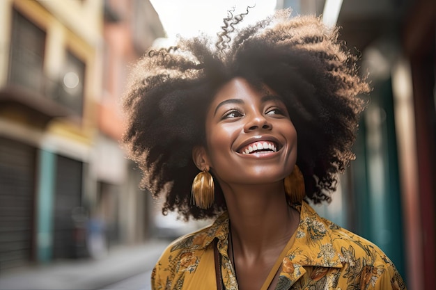 A cheerful black woman on street Generative ai