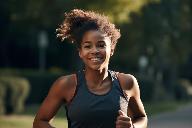 Photo cheerful black woman with curly hair in park