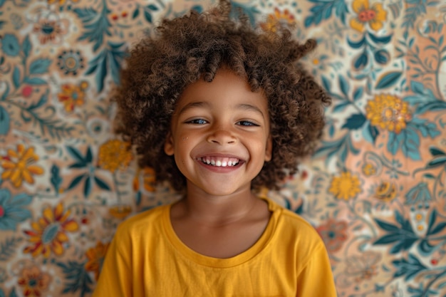 cheerful black young child laughing with curly hair wearing a yellow shirt stands in front of a floral wallpaper laughing with sheer joy and looking at camera