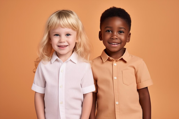 Photo cheerful blonde girl and african boy in casual attire sharing a smile childhood joy and diverse friendships