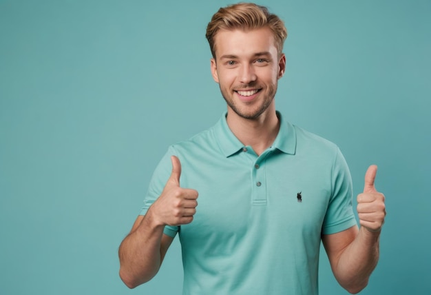 A cheerful blonde man wearing a polo shirt gives two thumbs up his demeanor is friendly and upbeat