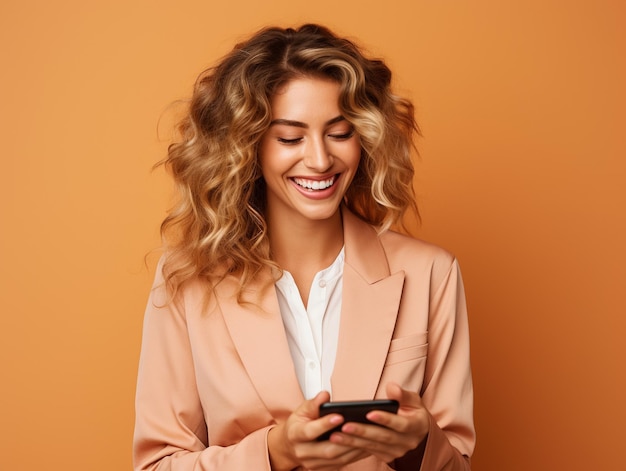 Foto donna bionda allegra con i capelli ondulati che tiene il suo smartphone su uno sfondo pastello ai generativa