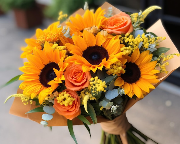 A cheerful bouquet featuring a burst of yellow sunflowers vibrant orange daisies