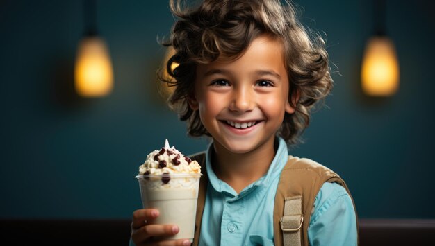 美味しいアイスクリームを楽しむ陽気な少年