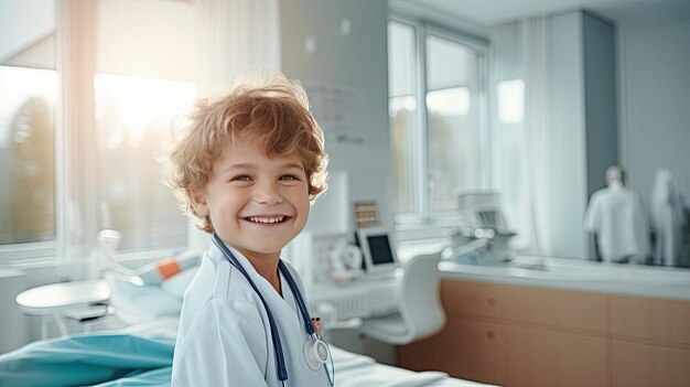 병원 방에 있는 쾌활한 소년은 의사 옷을 입고 있다.