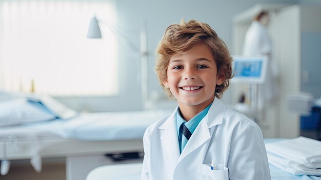Foto un ragazzo allegro in una stanza d'ospedale vestito come un dottore.