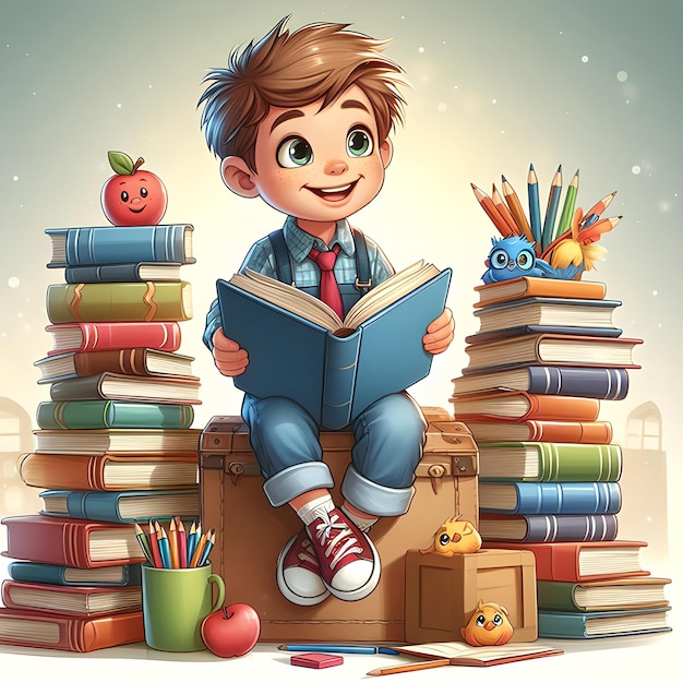 a cheerful boy is reading a book and sitting on a pile of books