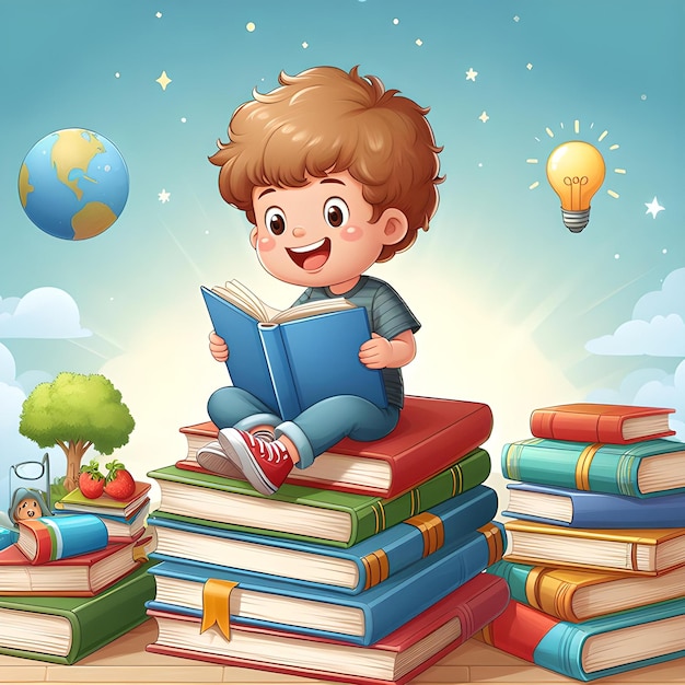 a cheerful boy is reading a book and sitting on a pile of books