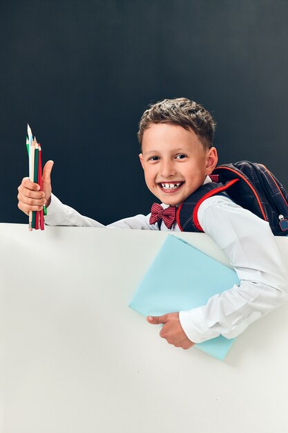 Cheerful boy looks out from behind a banner