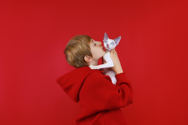 빨간 양복을 입은 쾌활한 소년이 작은 흰색 고양이를 그의 얼굴에 다가와 그에게 키스한다