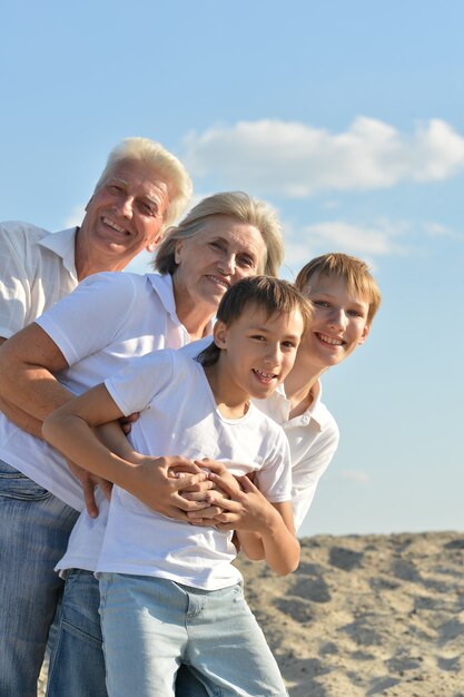 Cheerful boys with their grandparents on beach