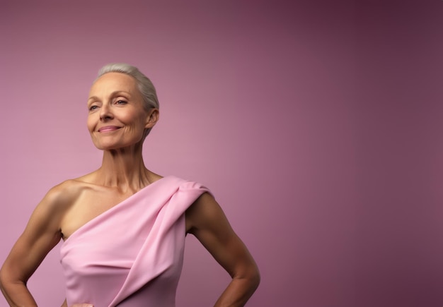 Cheerful Breast Cancer Survivor Woman On a Pink Background With Space For Copy Generative AI