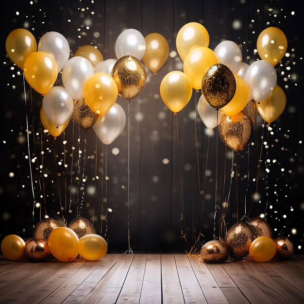 Cheerful bright new years celebration and welcome balloons and glitter