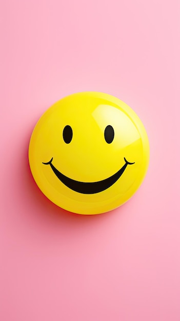 Cheerful bright yellow smiley face with laughing mouth on light pink background