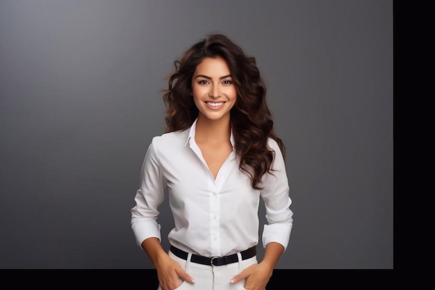 Cheerful brunette business woman student in white button up shirt smiling confident and cheerful wi