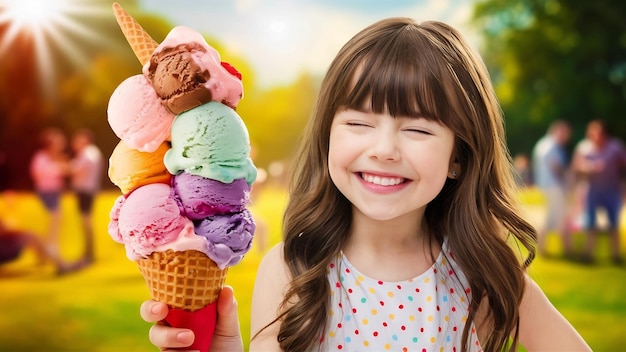 Cheerful brunette girl holding tasty ice cream looking away with happy smile