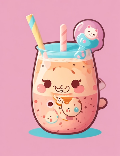 A cheerful bubbly kawaii character sipping a cup of bubble tea rendered in a flat graphic style