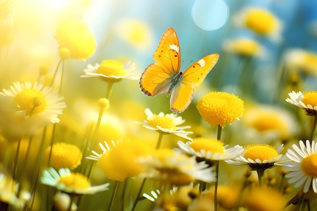 자연 속의 초원에서 노란색 산톨리나 꽃과 나비의 즐거운 활기찬 봄 여름 